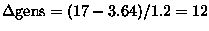 $\Delta\mbox{gens}=(17-3.64)/1.2=12$
